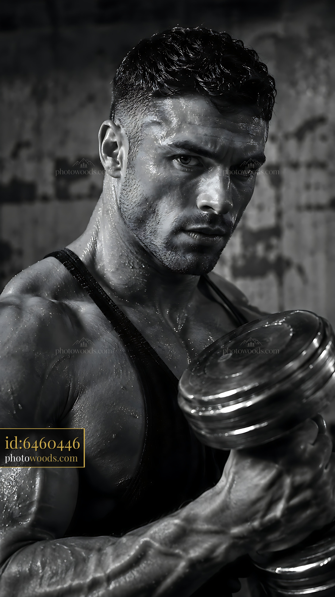 Muscular Man Lifting Dumbbell in Gym Wearing Tank Top