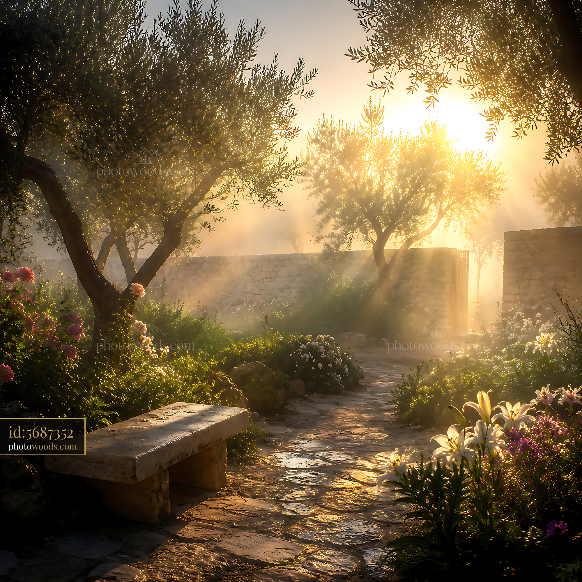 Garden Path Leads Through Flowers Under Olive Trees at Sunrise