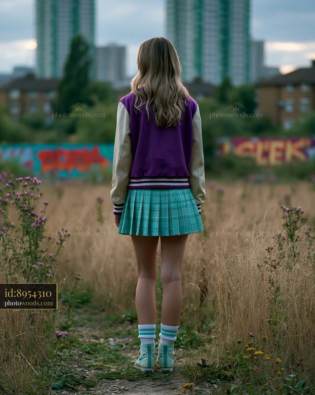 Young Woman in Varsity Jacket and Pleated Skirt in Urban Field