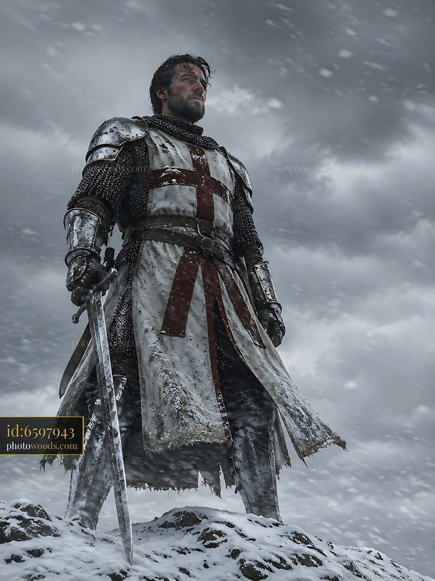 Knight Stands Strong in Snowy Landscape With Sword Held High