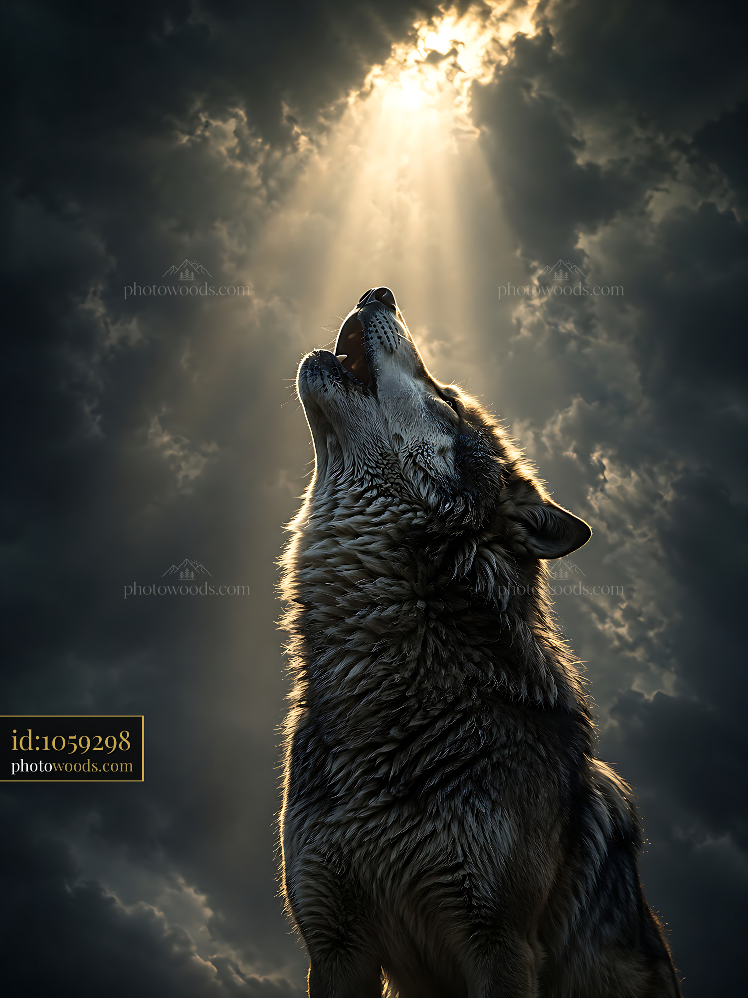Wolf Howls Under Bright Light Breaking Through Dark Clouds