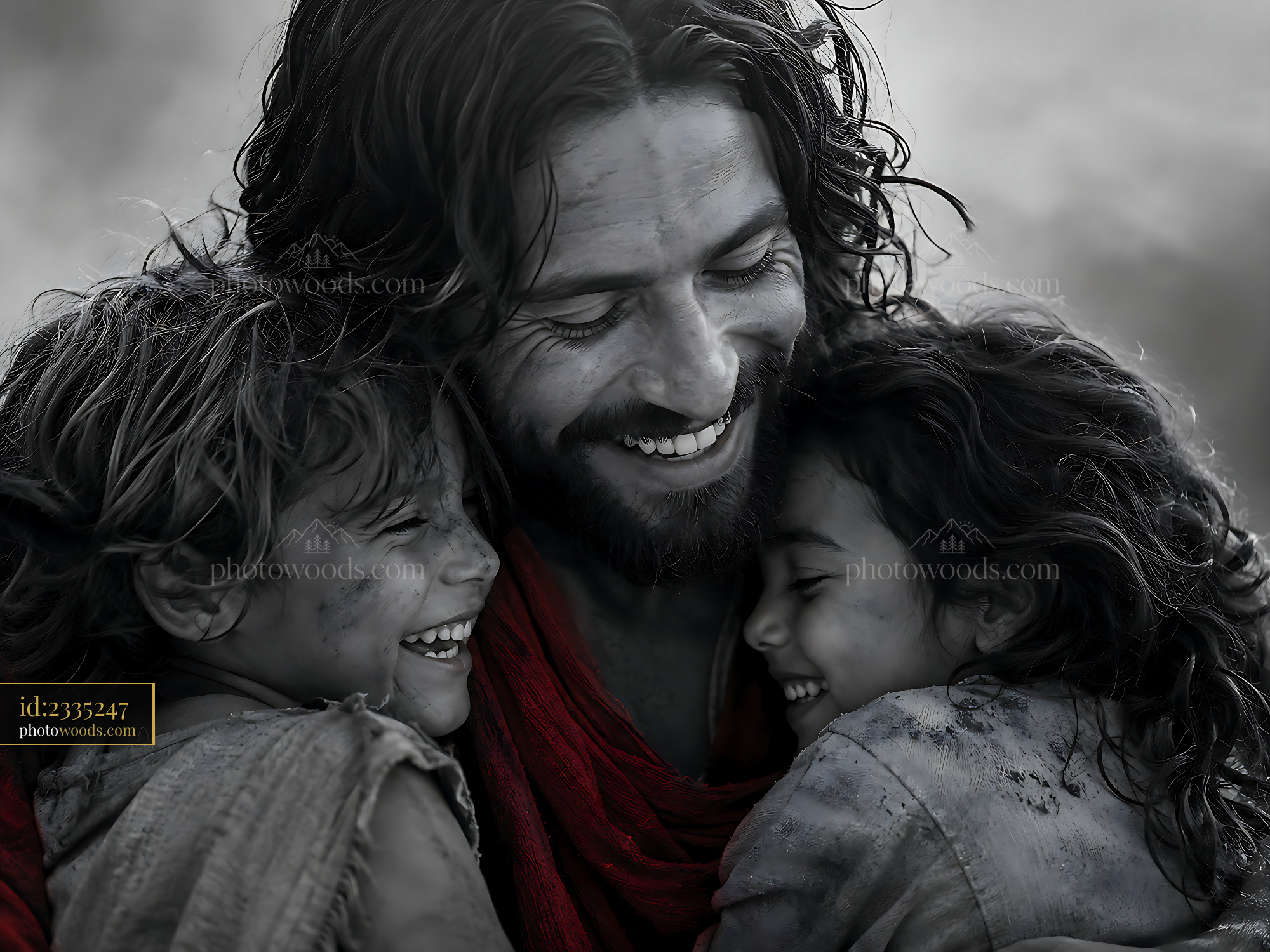 Father Hugs Children While Smiling in Black and White Setting