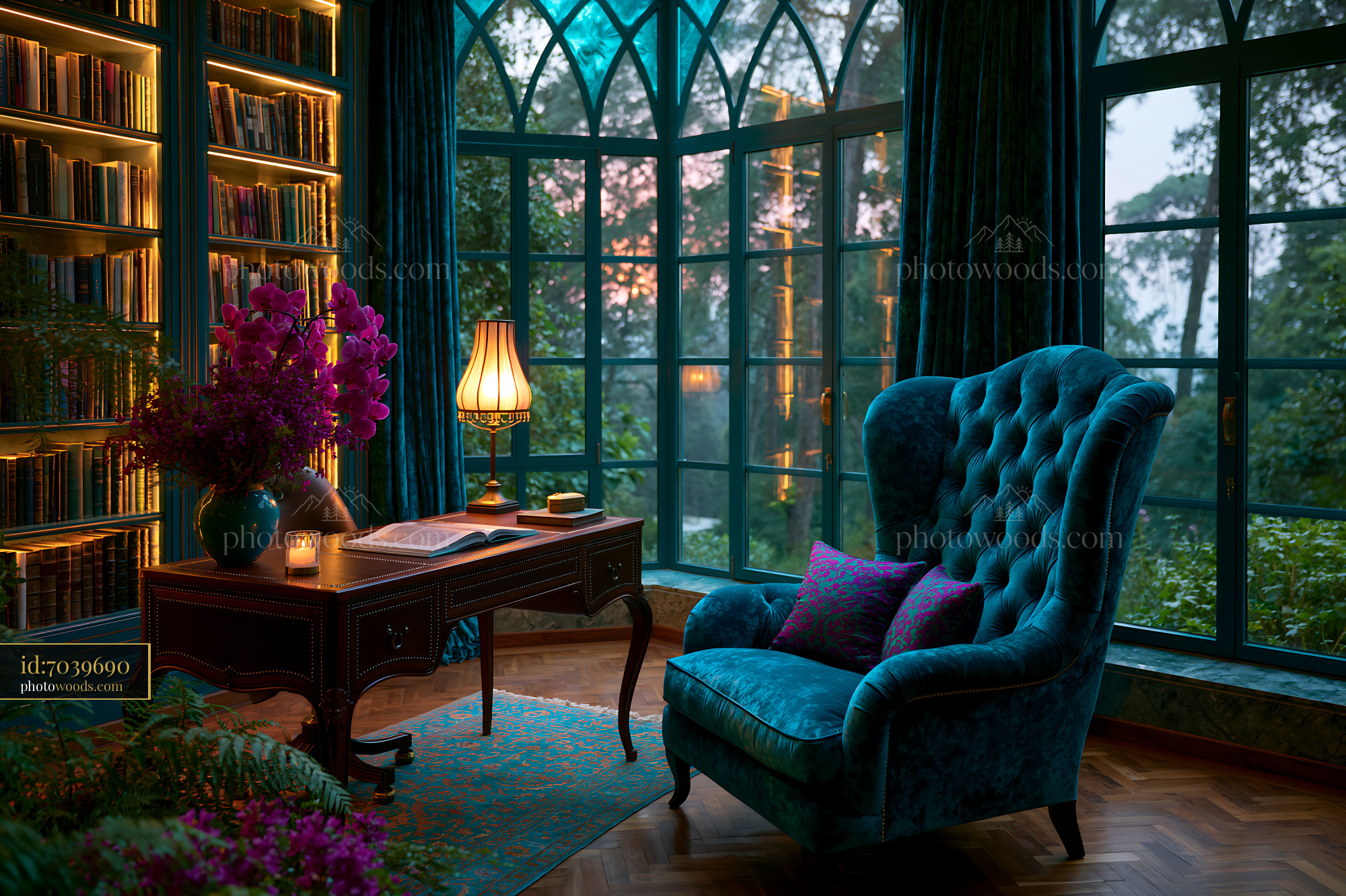 Luxurious Home Office With Leather Desk and Bookshelves, Evening
