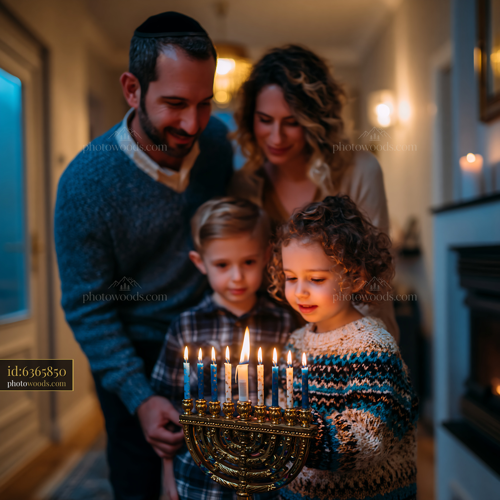 Family Lighting Menorah for Hanukkah in a Home Living Room