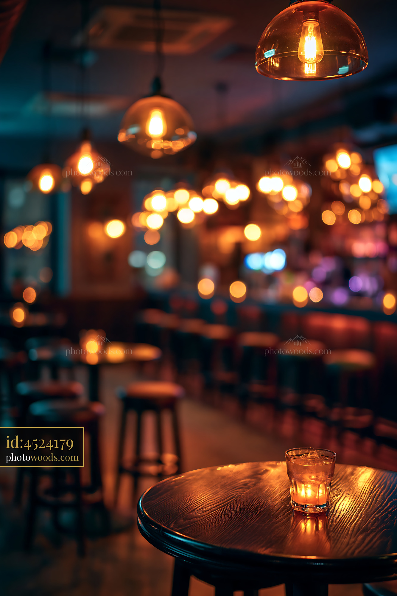 Bar Scene With Warm Lights and Empty Stools at Night