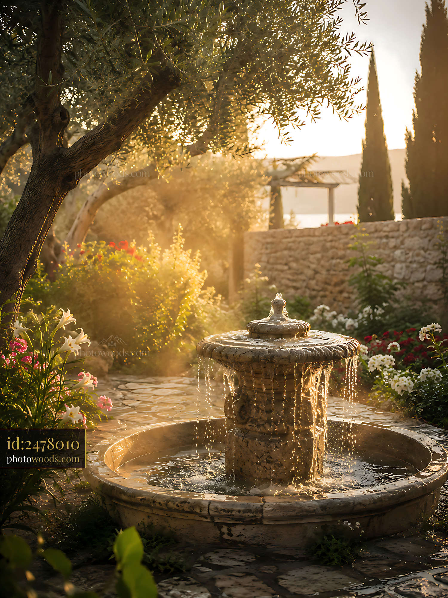Fountain in a Garden Surrounded by Flowers and Trees at Sunset