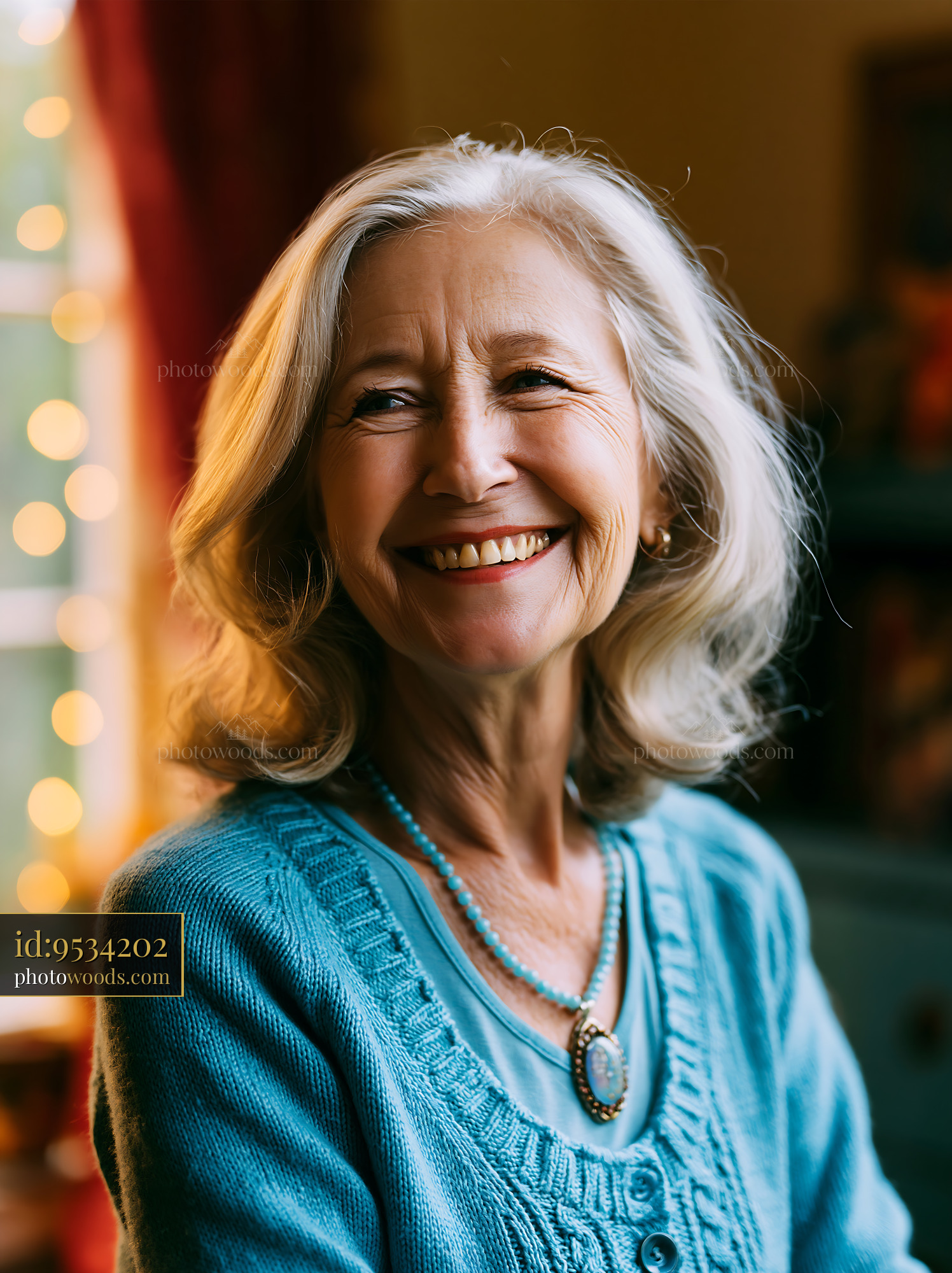 Older Woman Smiling in Cozy Room With Warm Lights Glowing
