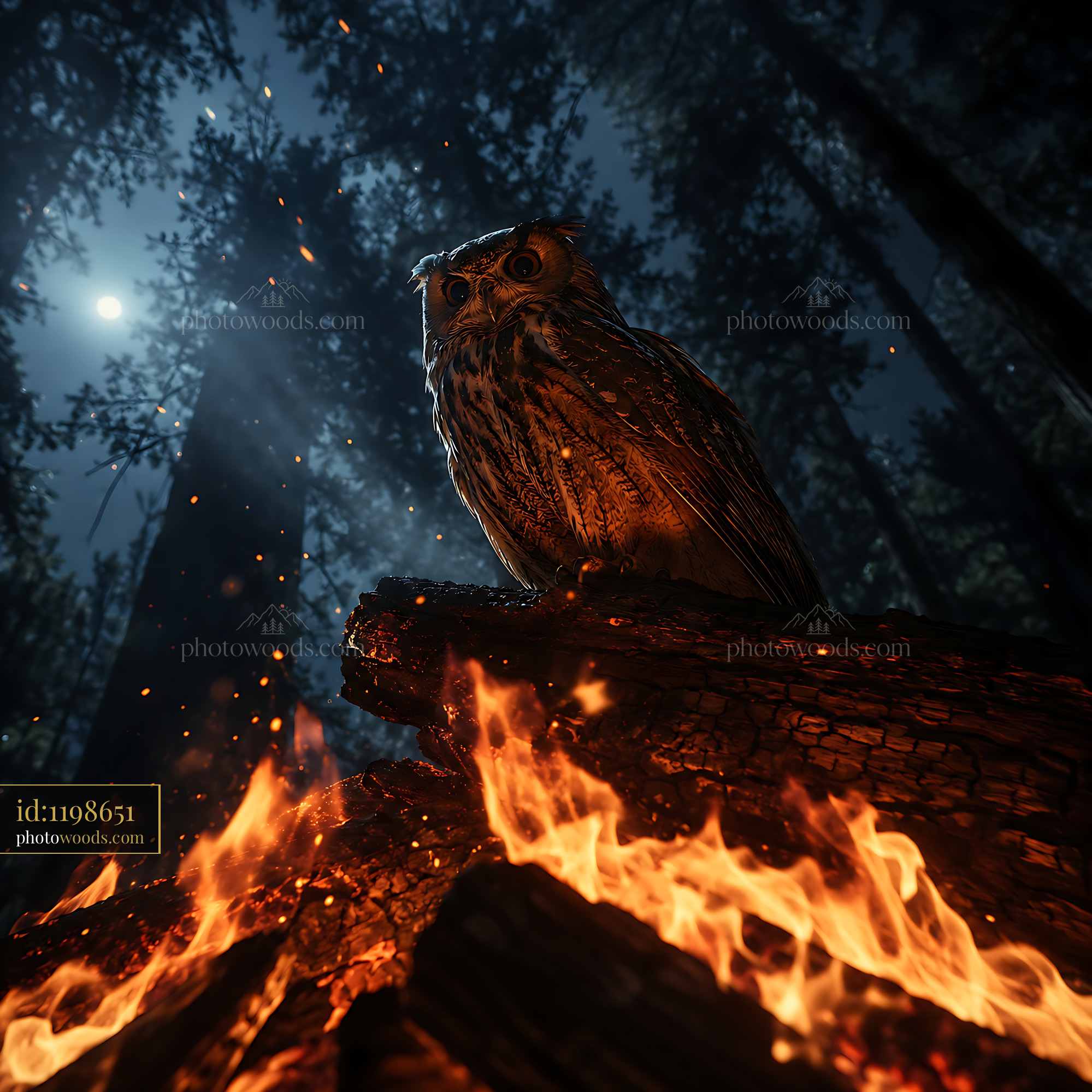 Owl Perched on Log Near Fire in Dark Forest at Night
