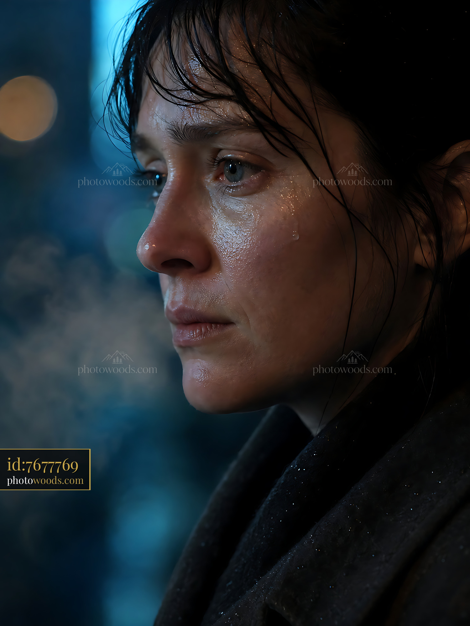 Woman With Wet Hair Stands by Window Looking out at Night