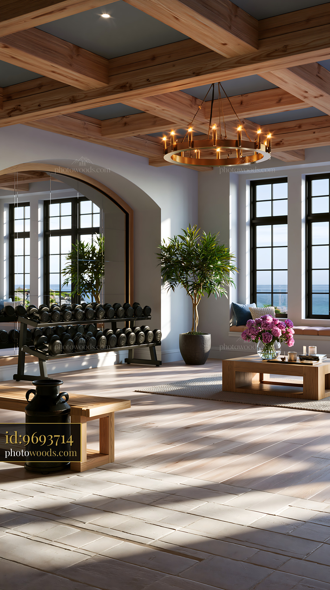 Private Gym With Mirrored Wall and Plants in Lakefront Setting