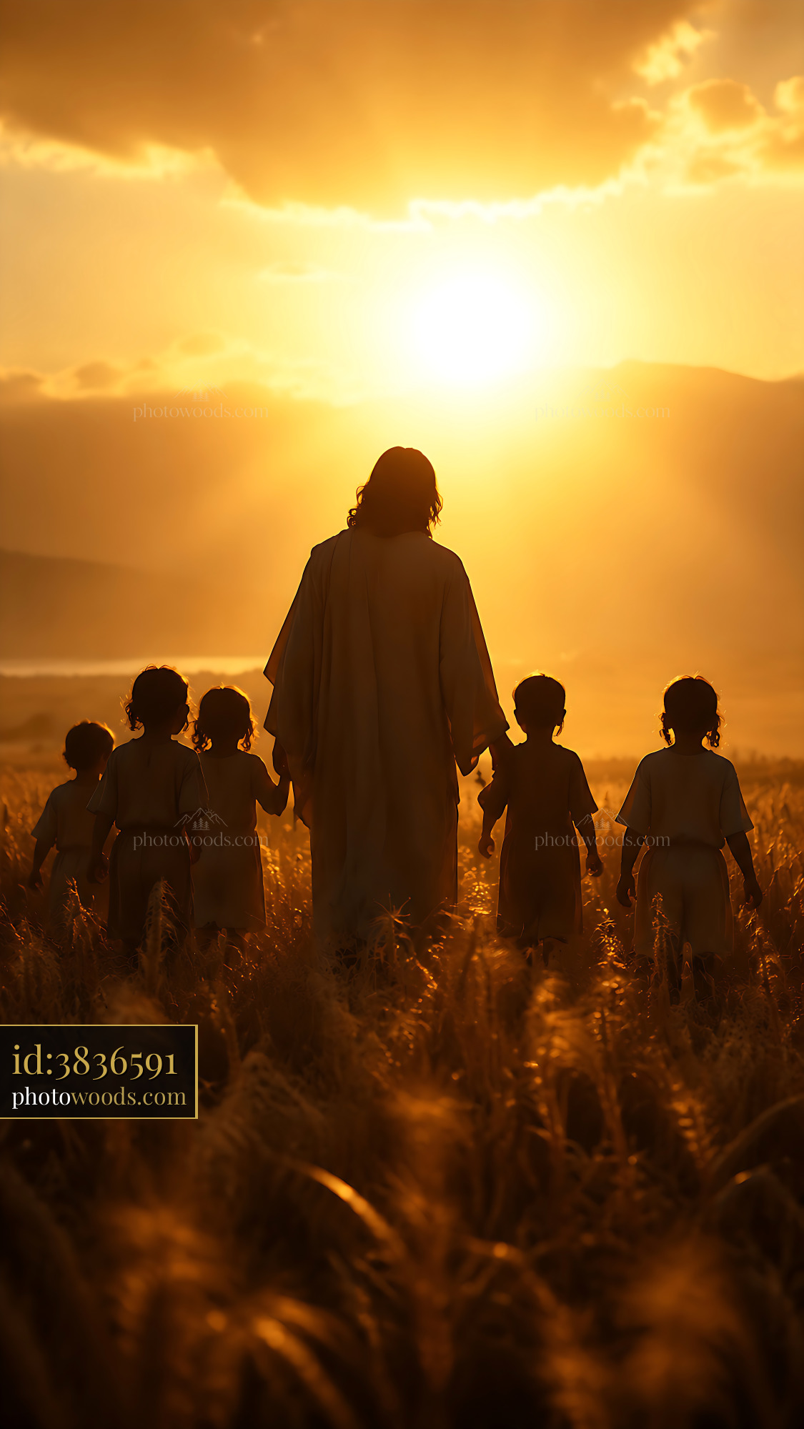 Figure Walking With Children in a Field During Sunset