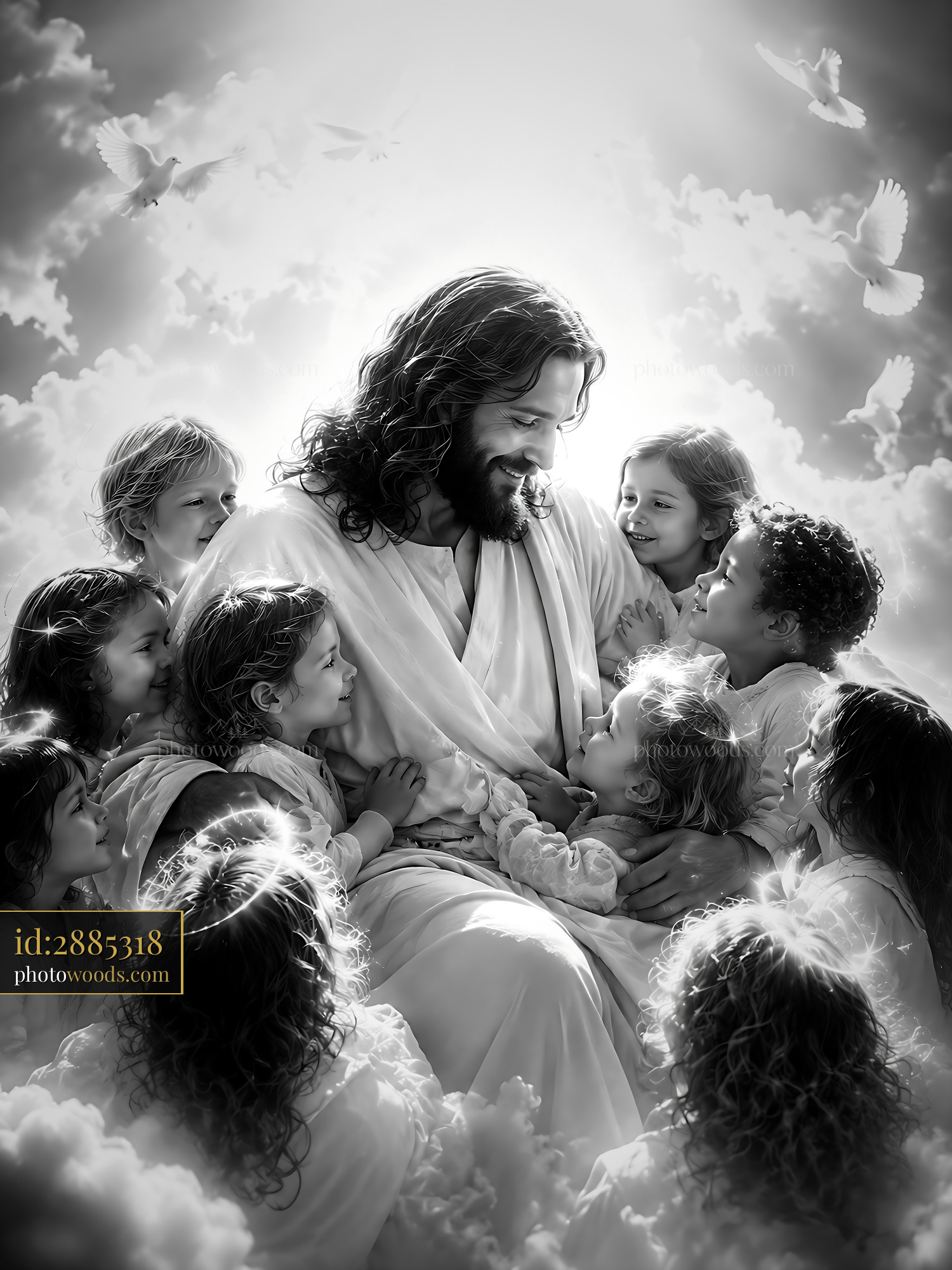 Jesus Sits With Children in Clouds With Light and Doves Around