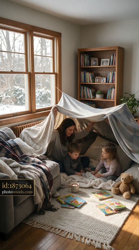 Mother and children building a blanket fort at home