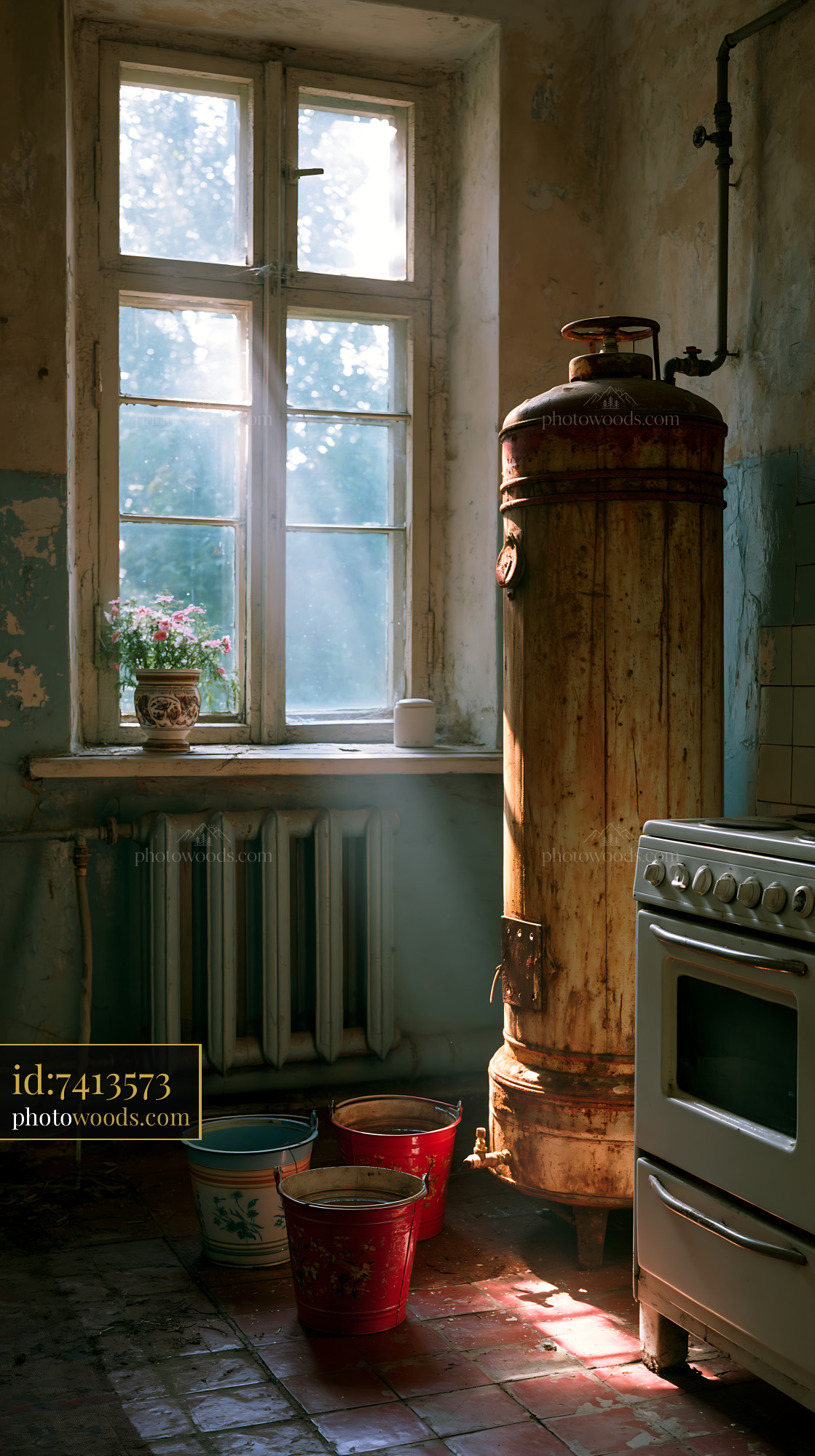 Old Kitchen With Rusty Gas Water Heater and Sunlight