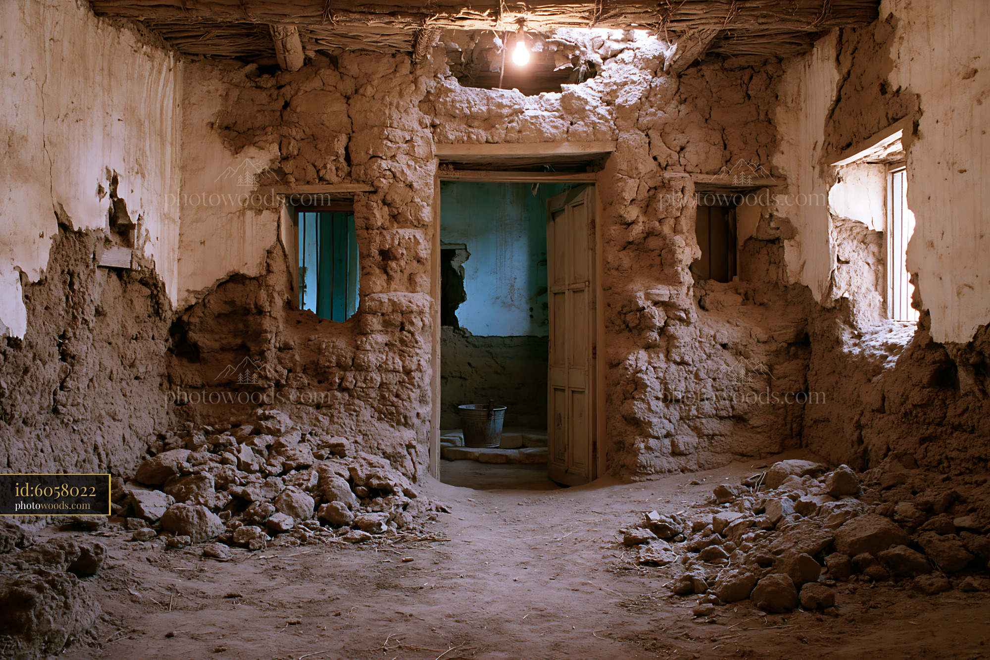 Crumbling Adobe Village House Interior in Dry Setting