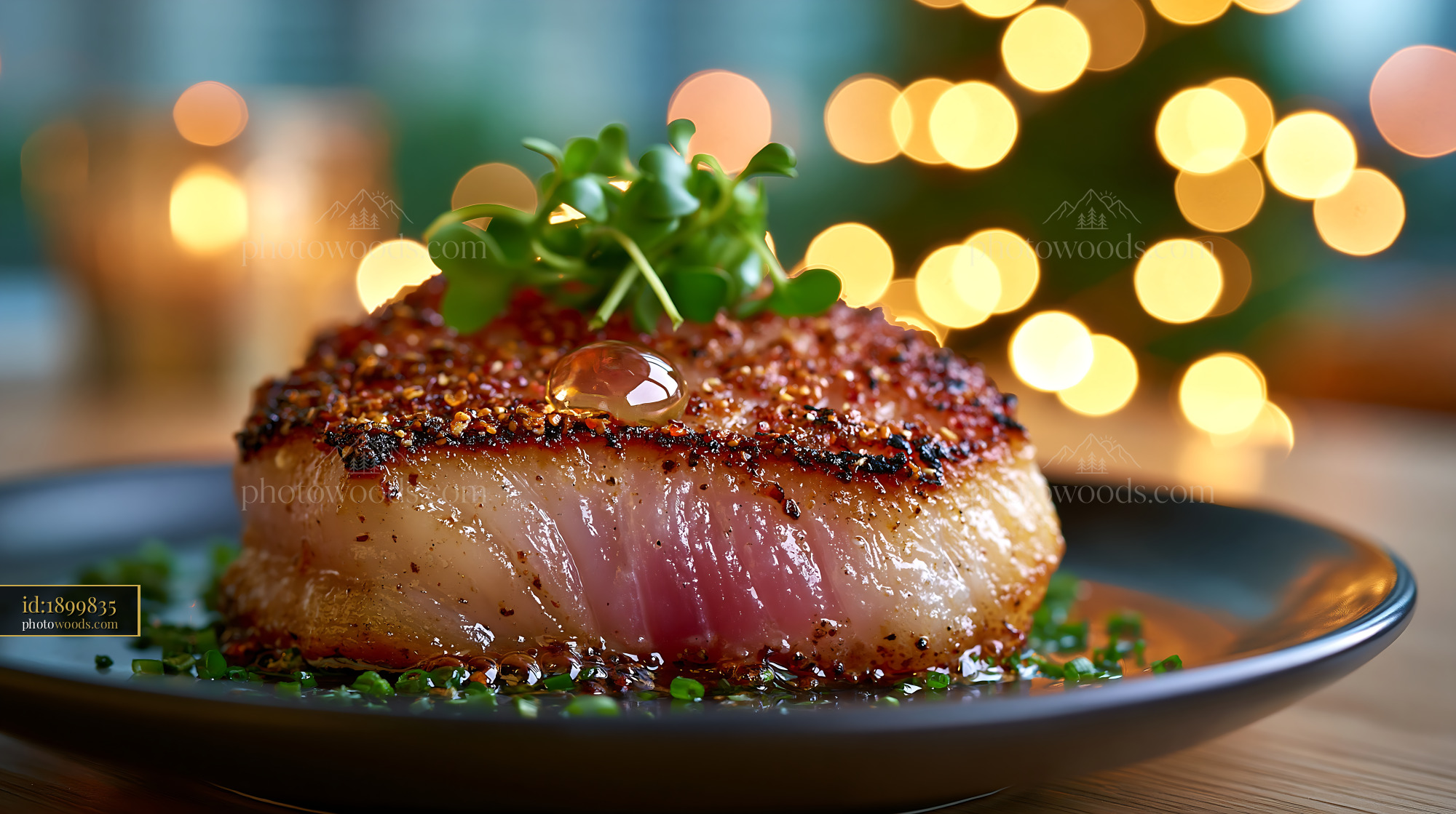 Kanpachi Tataki Served on a Plate With Soft Bokeh Background
