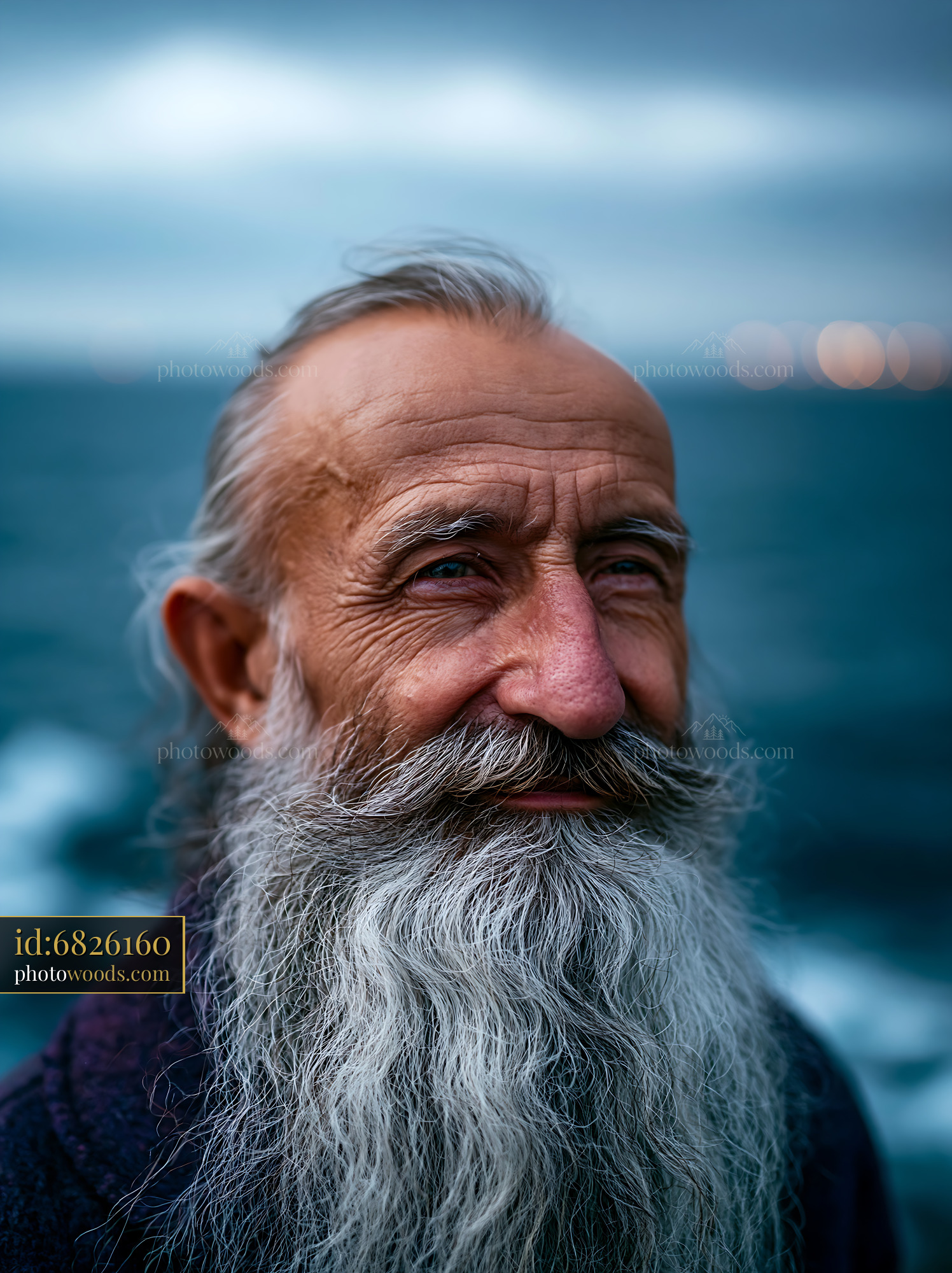 Elderly Man With Long Beard Smiling Near the Ocean Waves