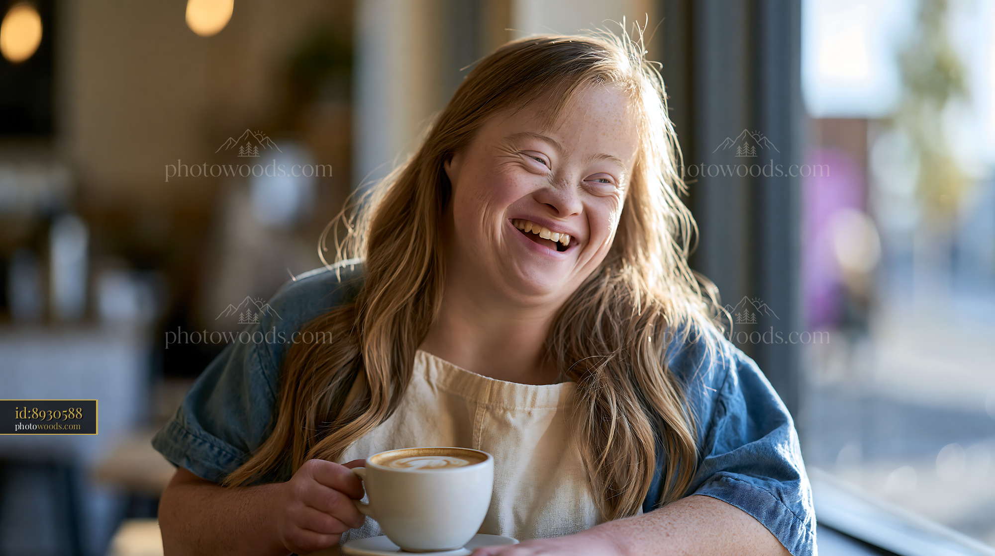 Laughing Barista With Down Syndrome Enjoying Coffee in Cafe