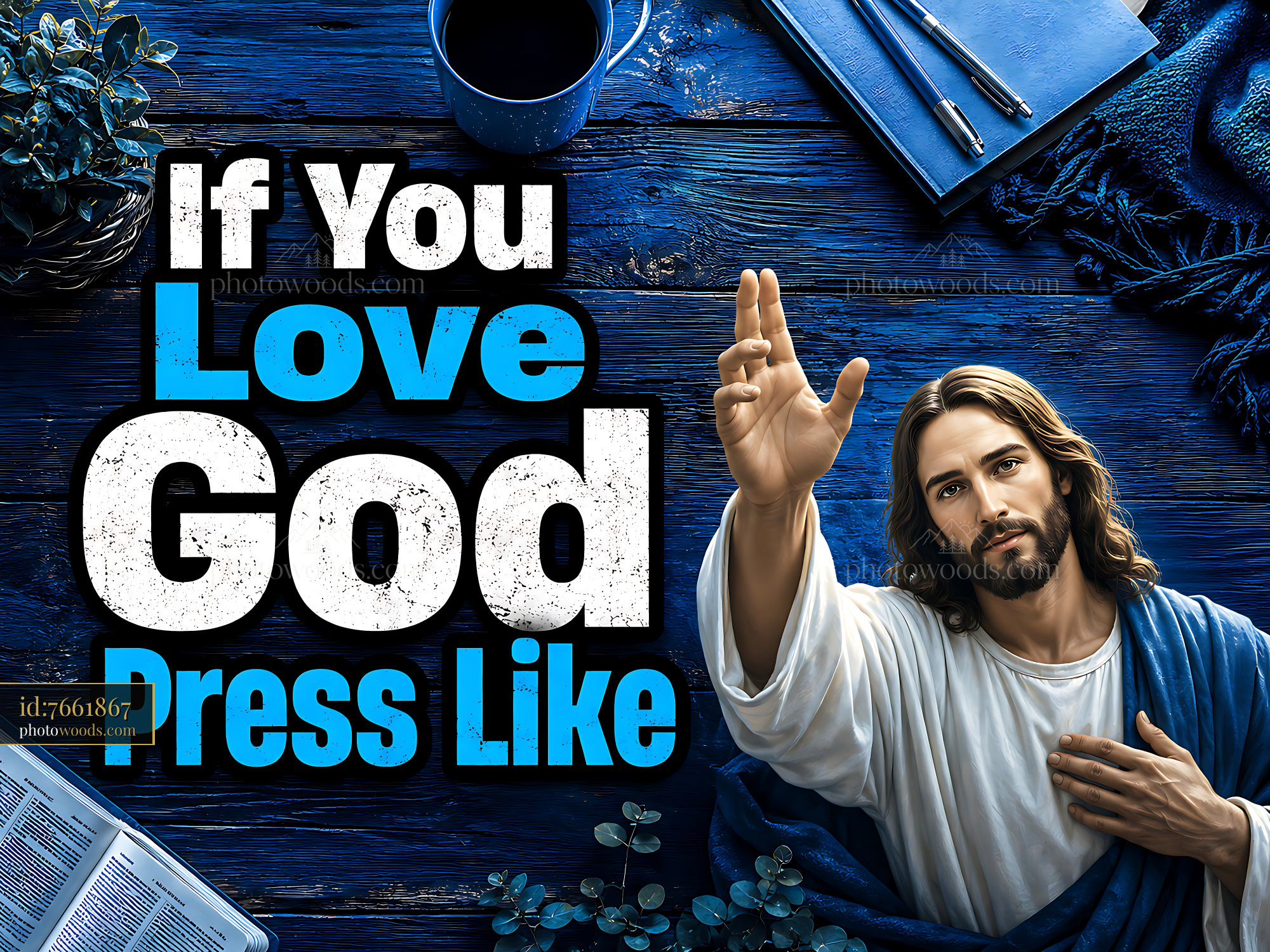 Jesus Holds Hand up With Sign While Encouraging Support