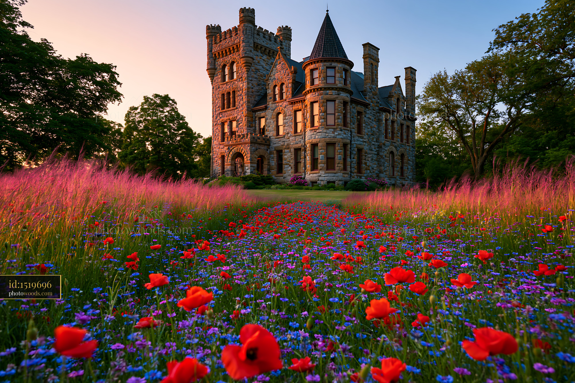 Victorian Castle Surrounded by a Colorful Flower Field at Sunset