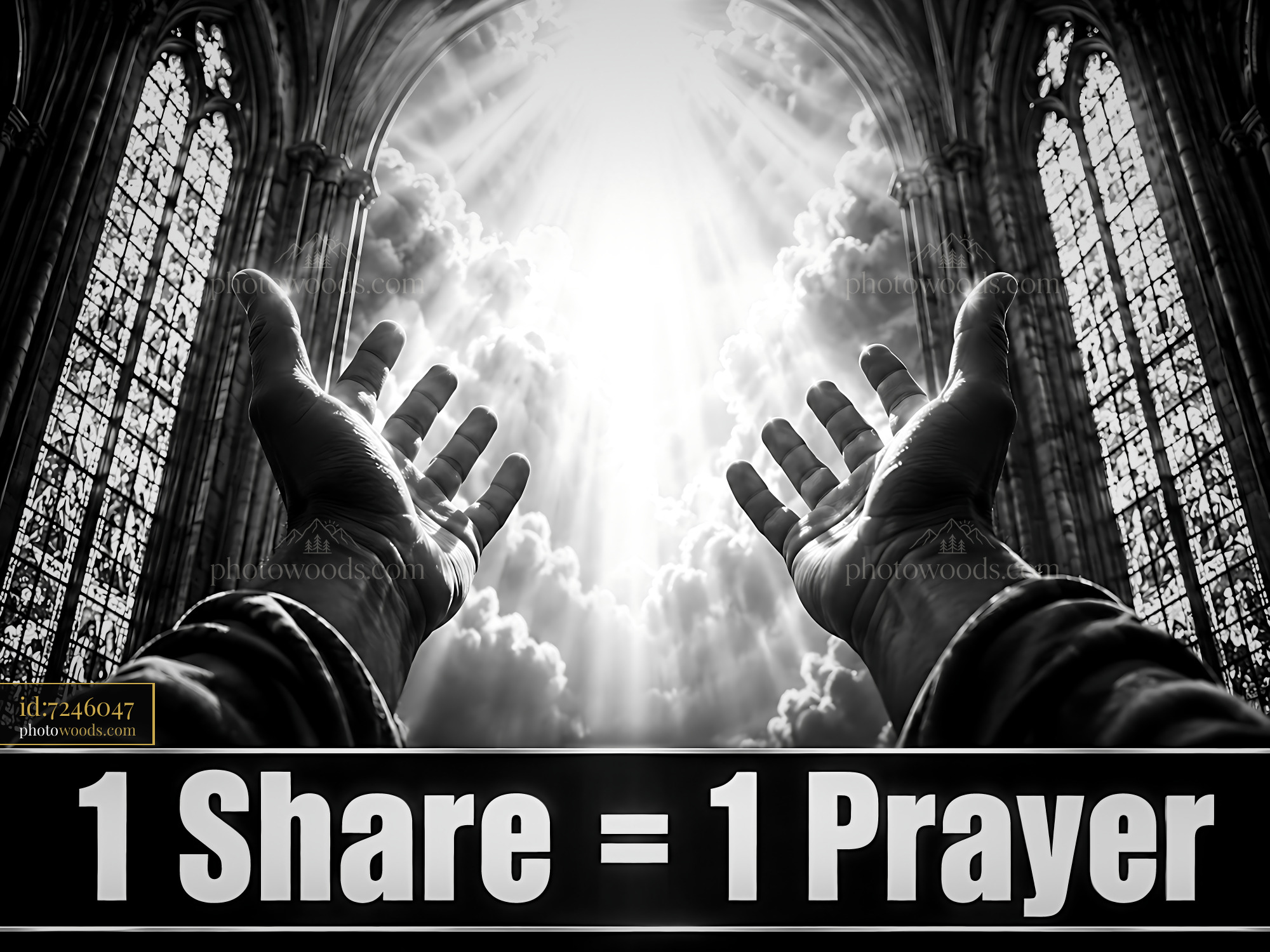 Hands Reaching Toward Light in a Gothic Architecture Setting