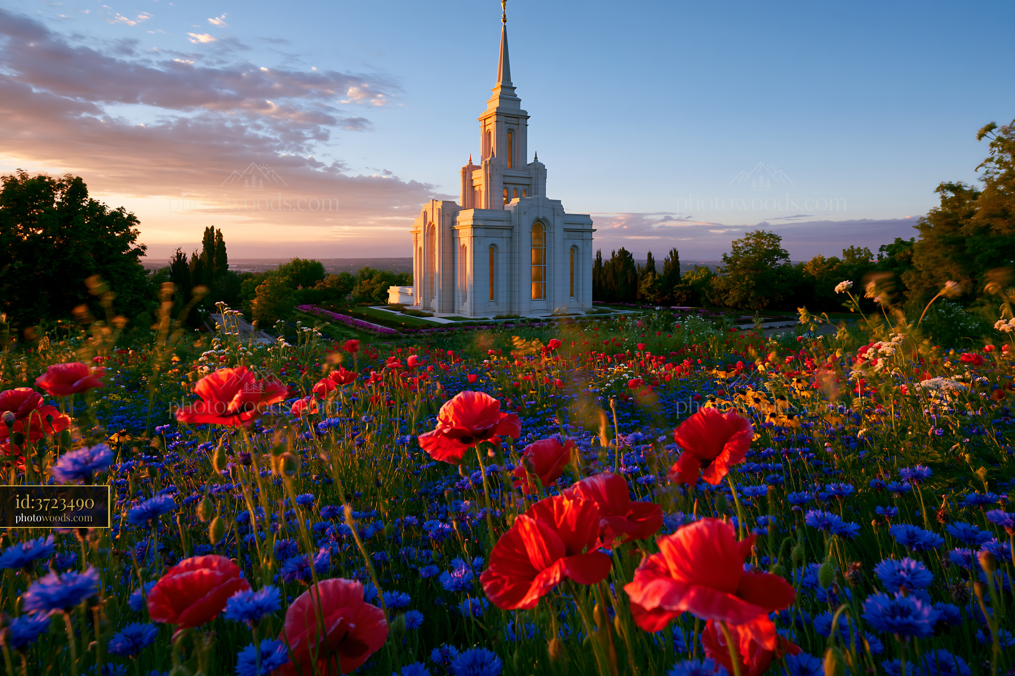 Temple Surrounded by Colorful Flowers in Sunset Light