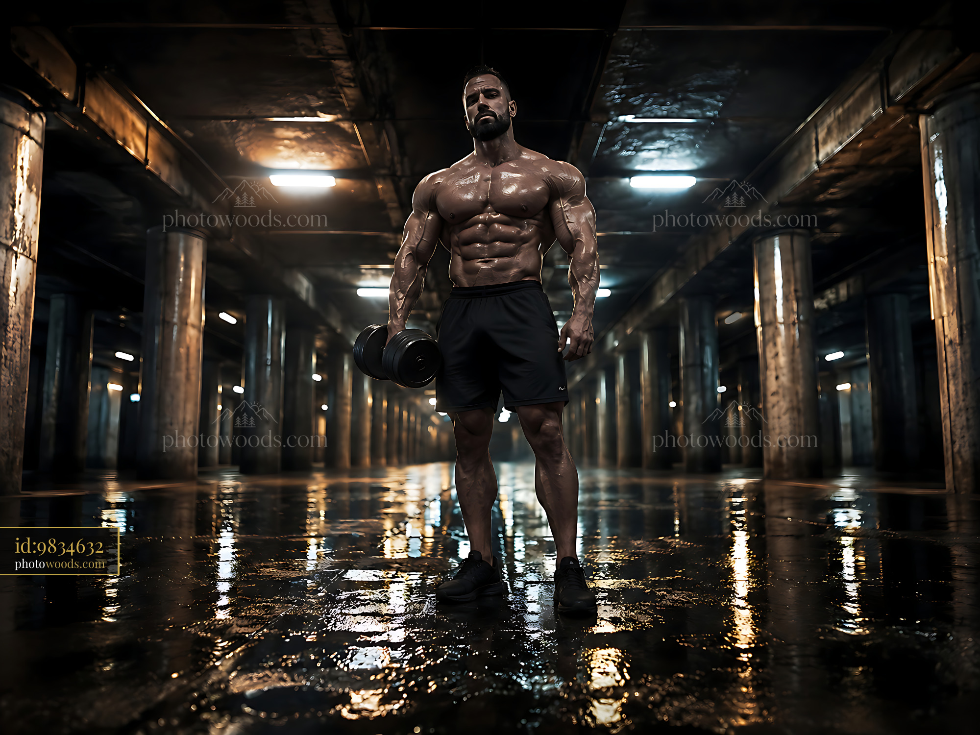 Muscular Man Lifting Dumbbell in Industrial Gym Setting
