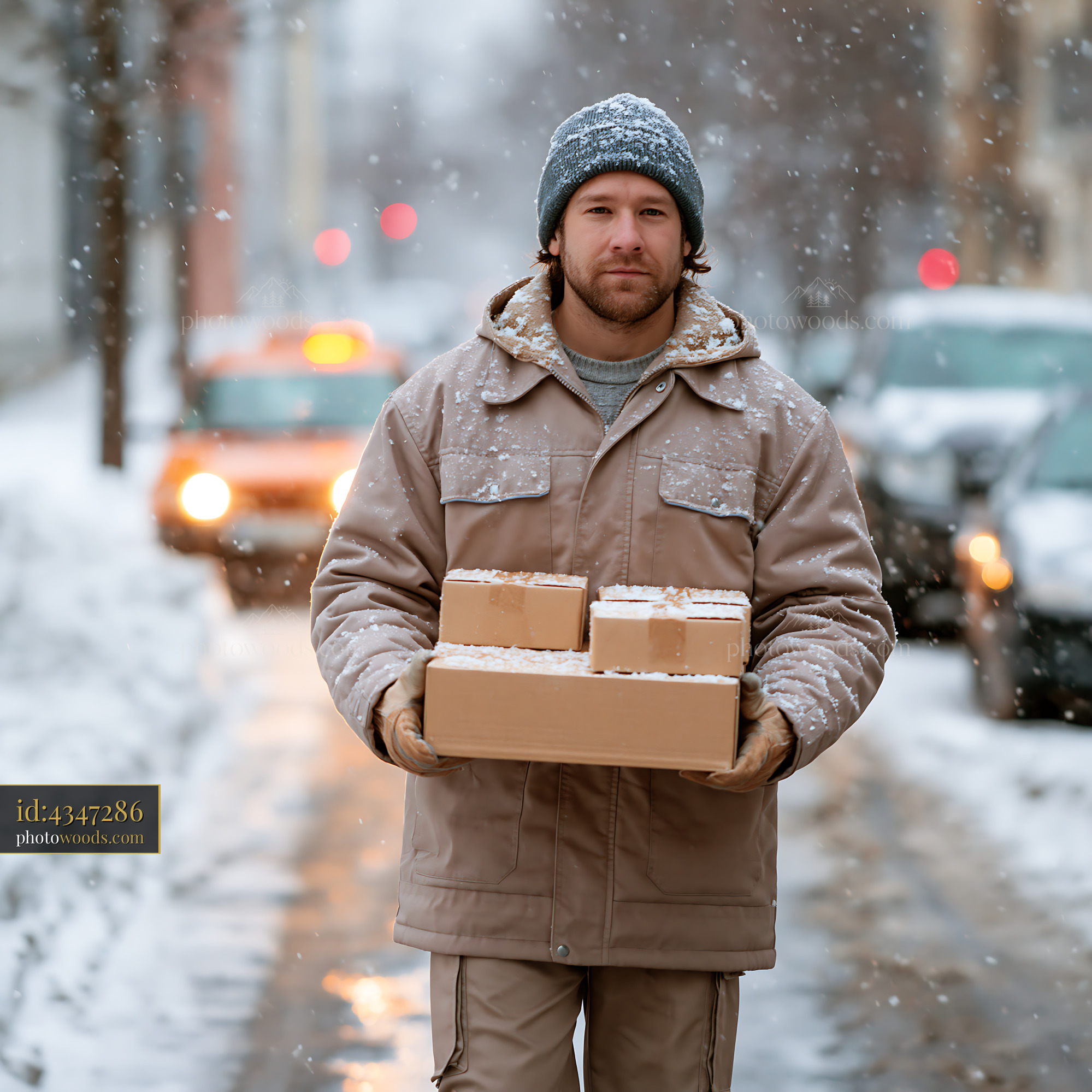 Heating Technician Delivering Parcels in Winter, Snowy Street
