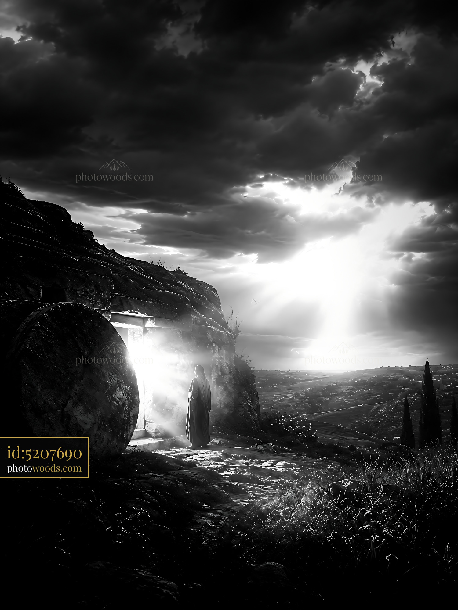 Woman Standing Near Cave Entrance Under Dramatic Sky Lighting