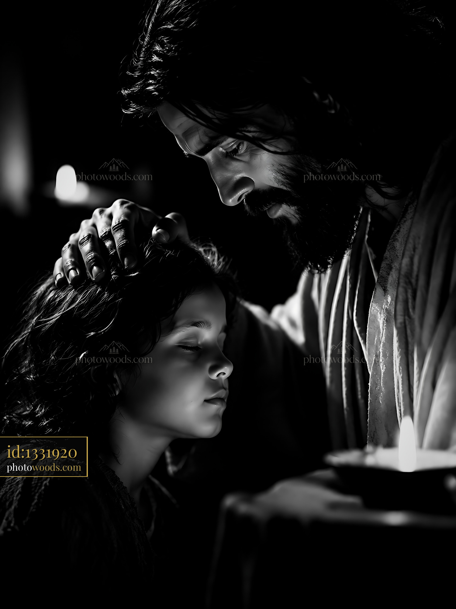 Man With Long Hair Touching Child's Head in Dark Candlelight Setting