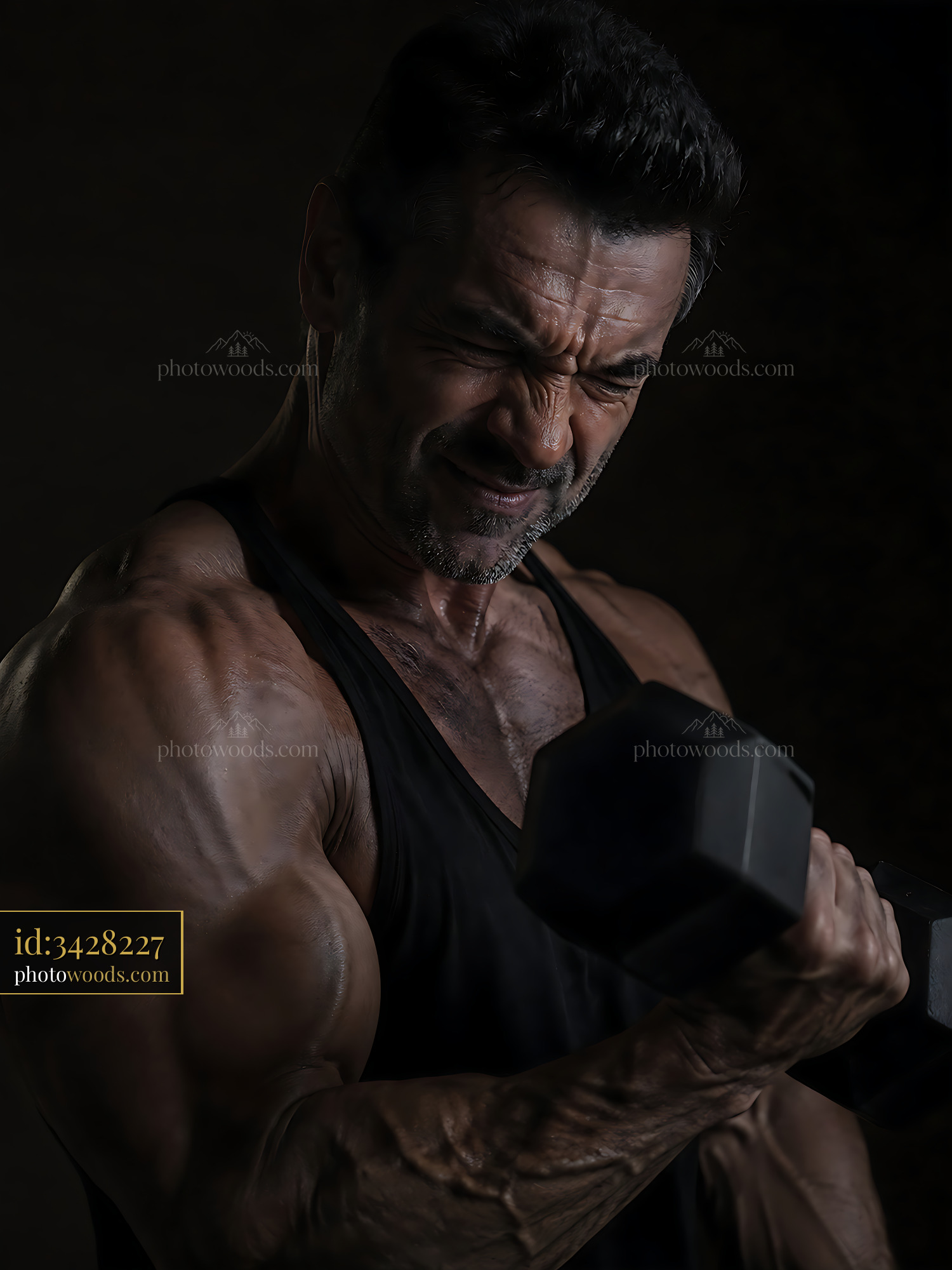 Man Lifting Dumbbell in Dark Room Showing Effort and Strength