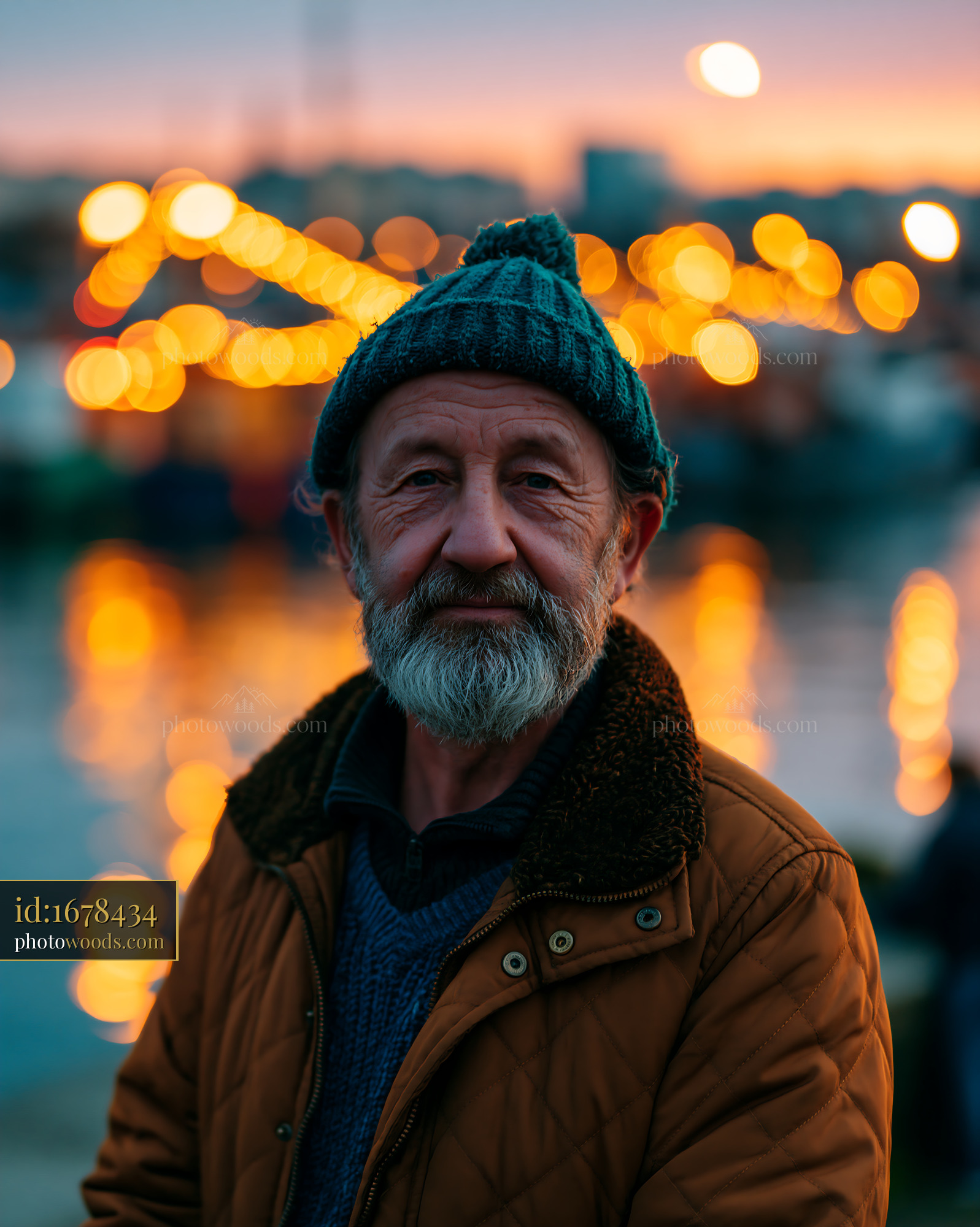 Grizzled Sea Dog With Weathered Face at Sunset by the Harbor