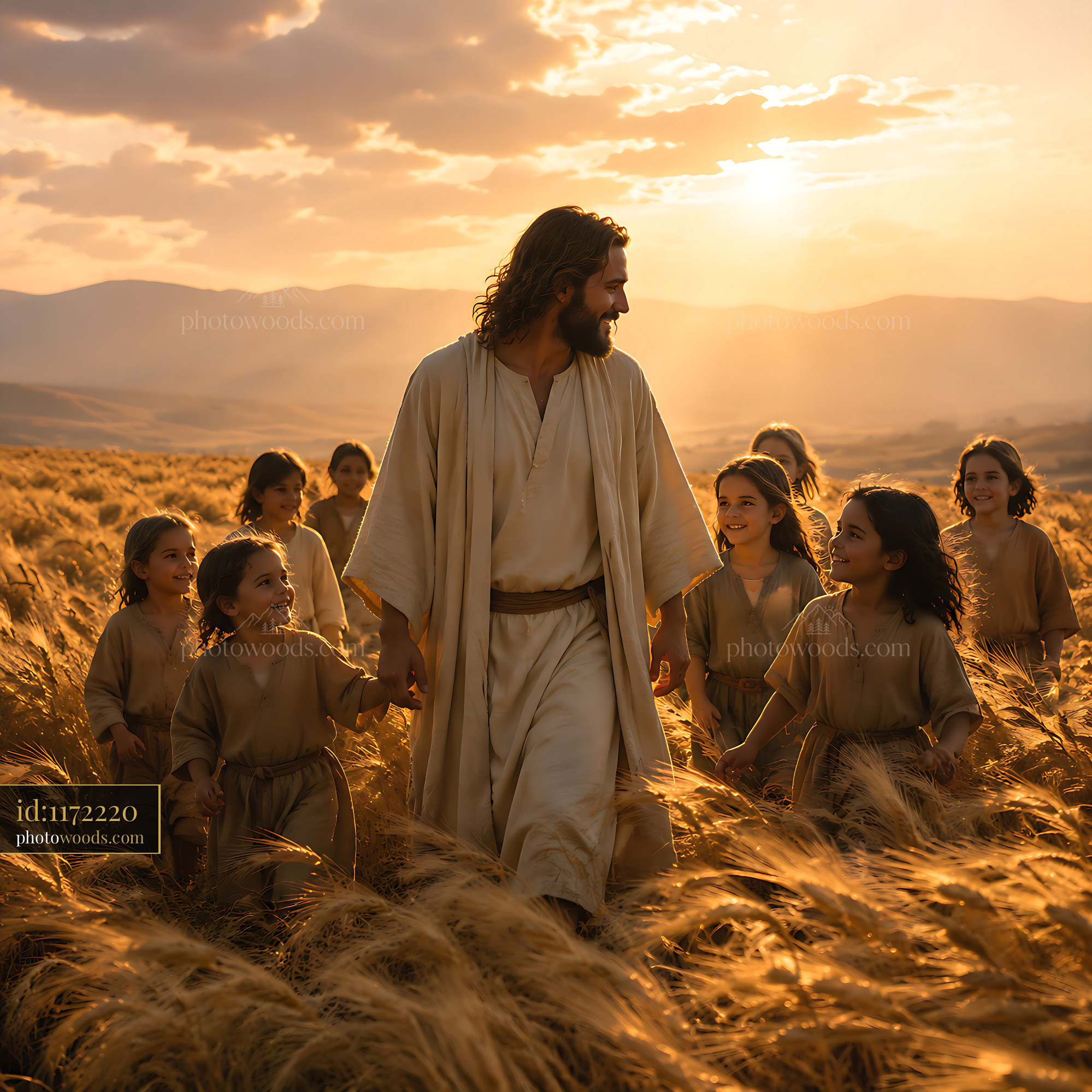 Man Walks With Children in a Wheat Field During Sunset