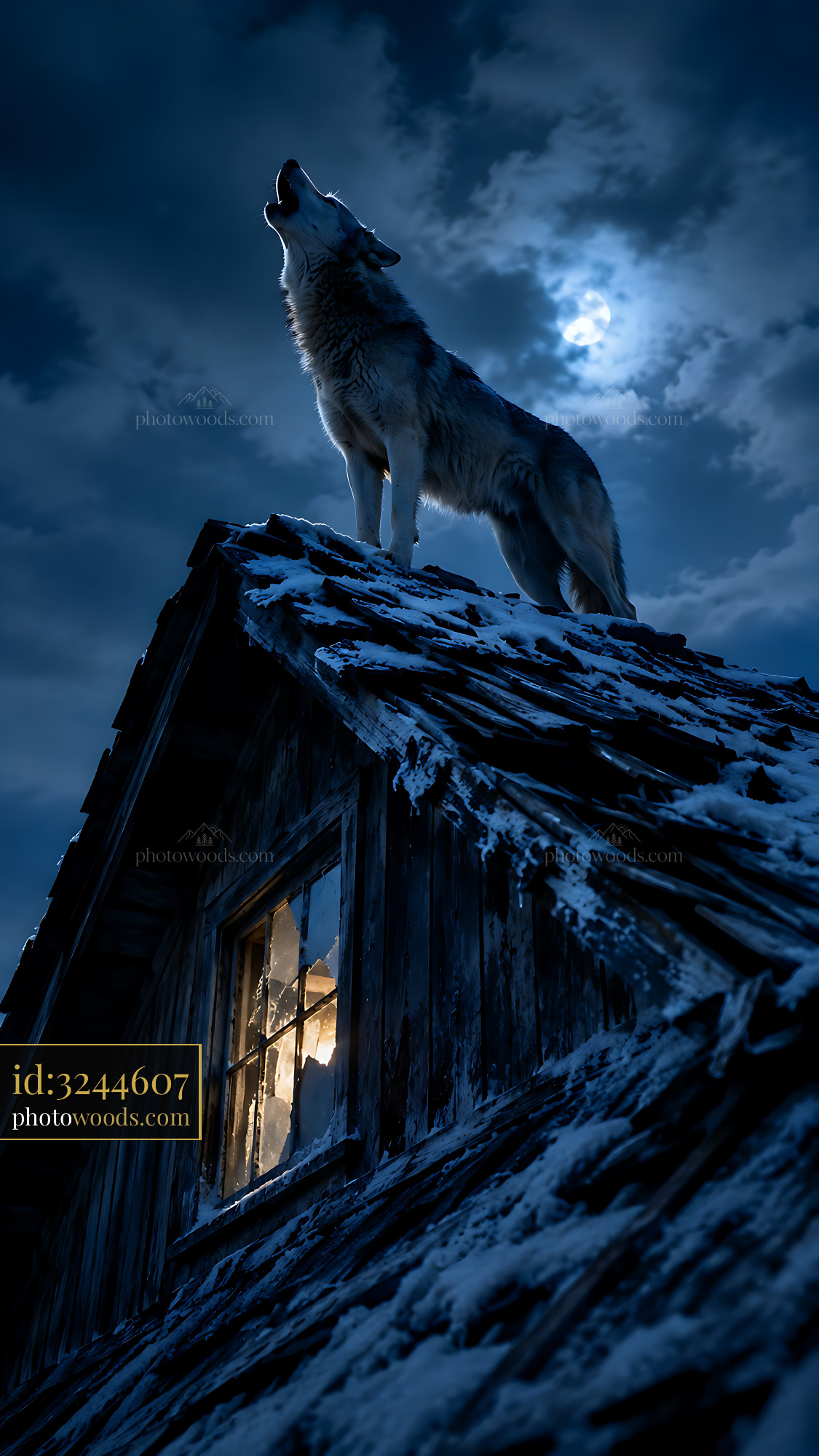 Wolf Howls on a Snowy Rooftop Under a Full Moon Light