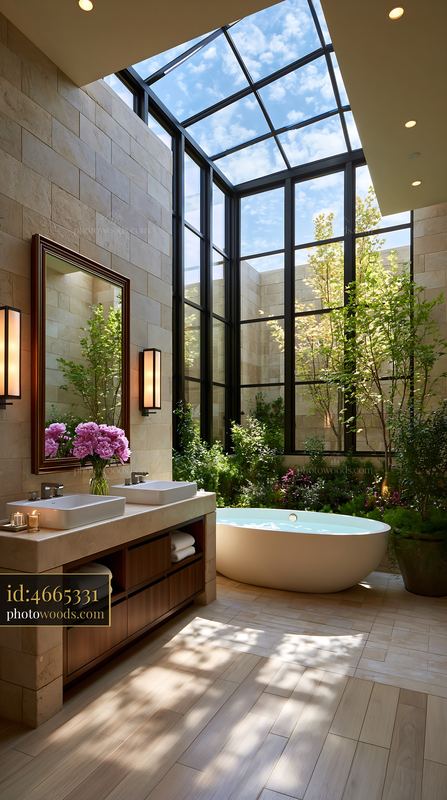 Modern Hotel Style Bathroom With Double Vanity and Natural Light