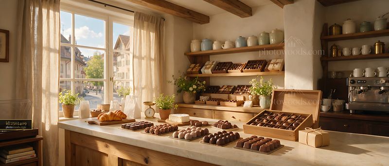 Swiss chocolate shop interior with pralines and café display