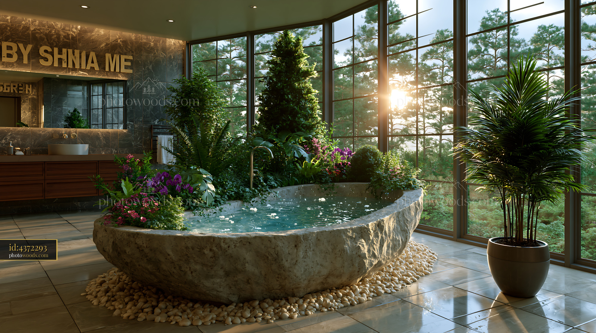 Freestanding Stone Tub in Luxury Bathroom With Sunlight and Plants