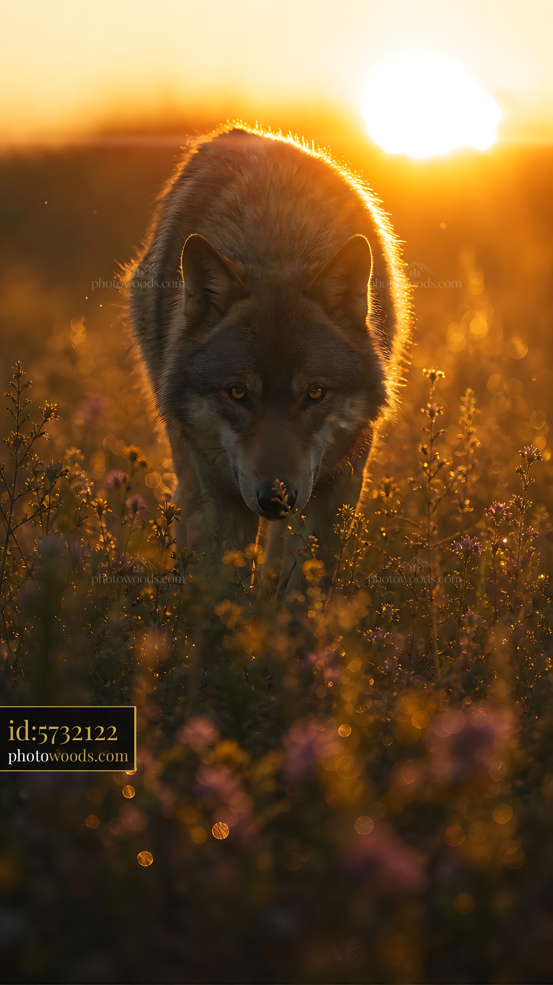 Wolf Walks Through a Field During Sunset Near Golden Flowers