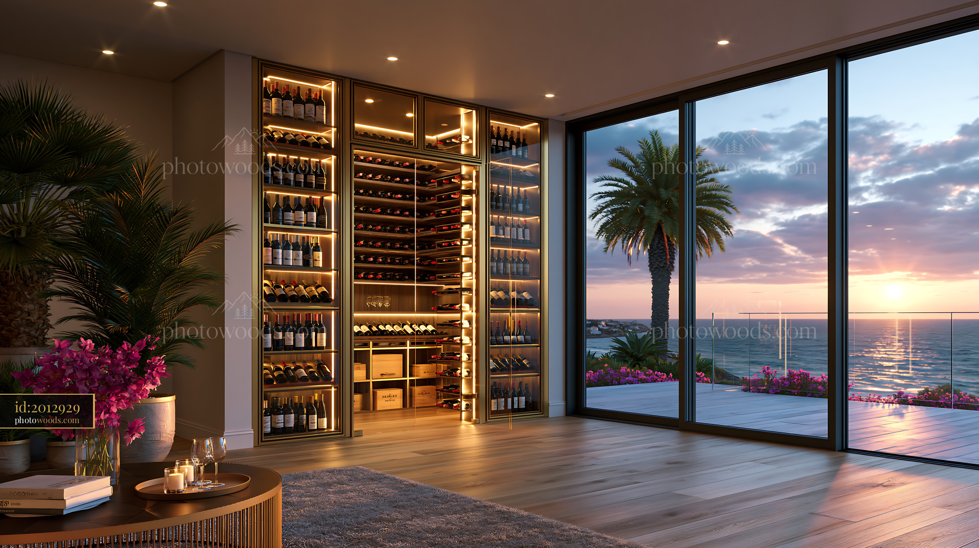 Wine Cellar With Glass Enclosure by the Sea at Sunset