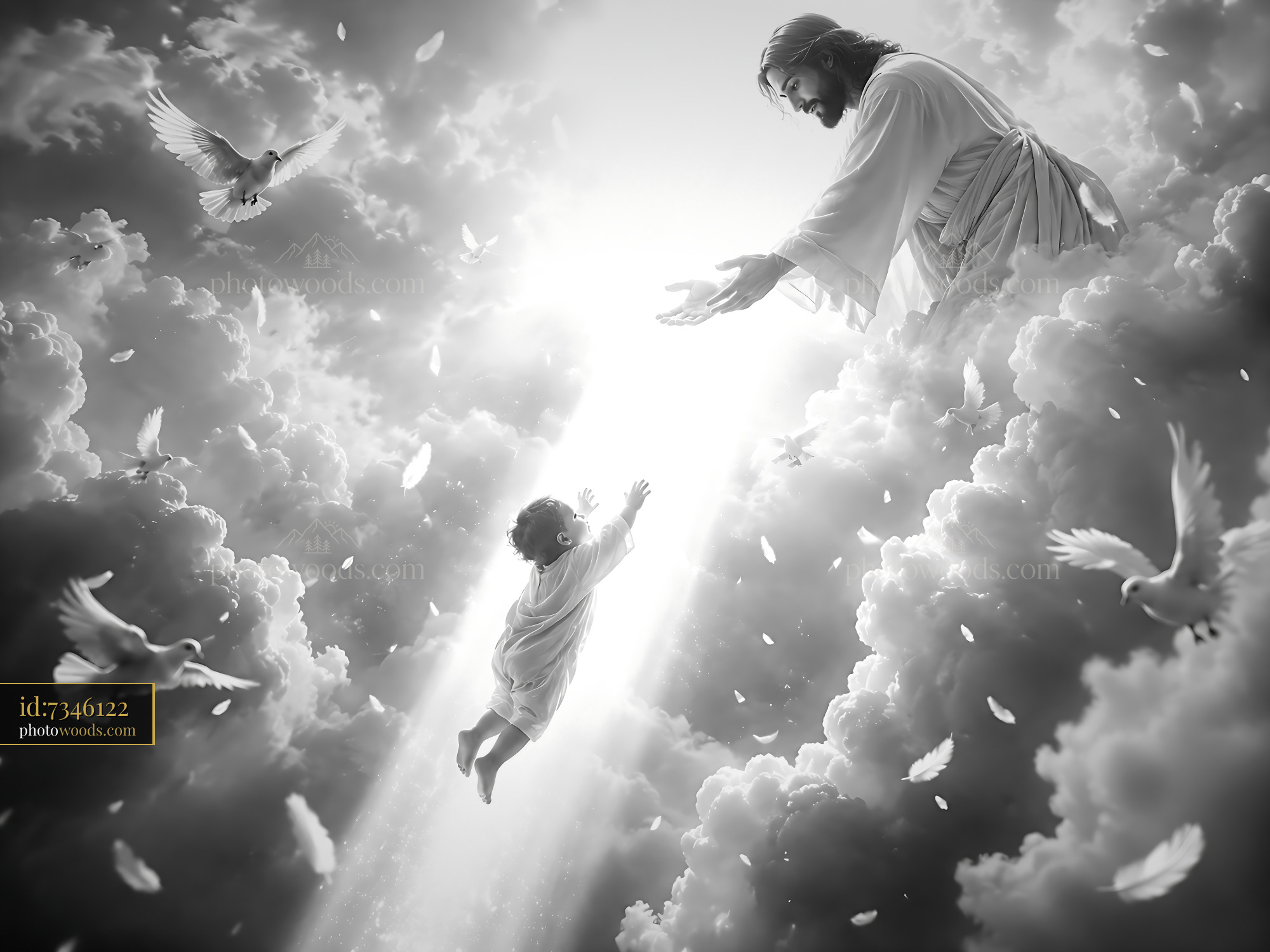 Jesus Reaching out to a Child in Clouds With Doves Flying