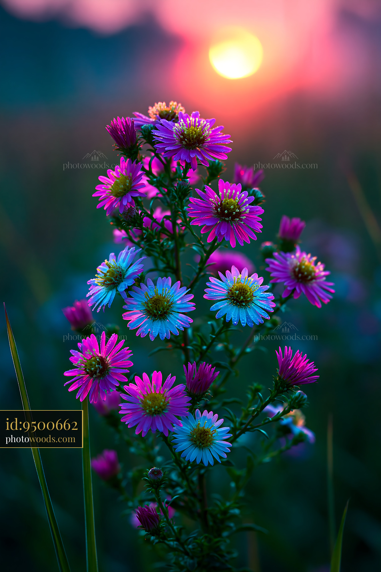 Flowers Bloom in Colors of Pink and Blue at Sunset