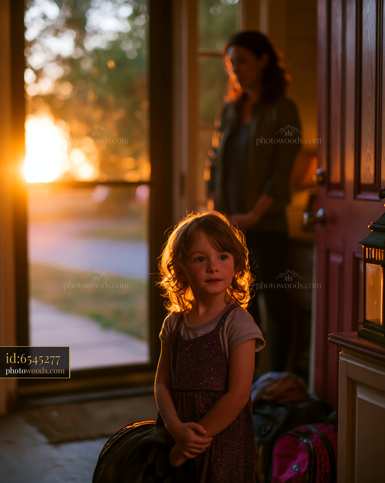 Child Standing With Packed Bags in Doorway During Sunset
