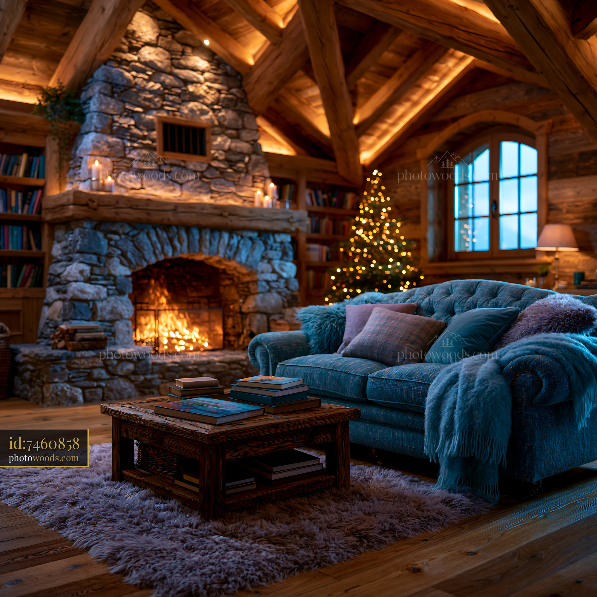Chalet Lounge With Stone Fireplace and Holiday Decorations