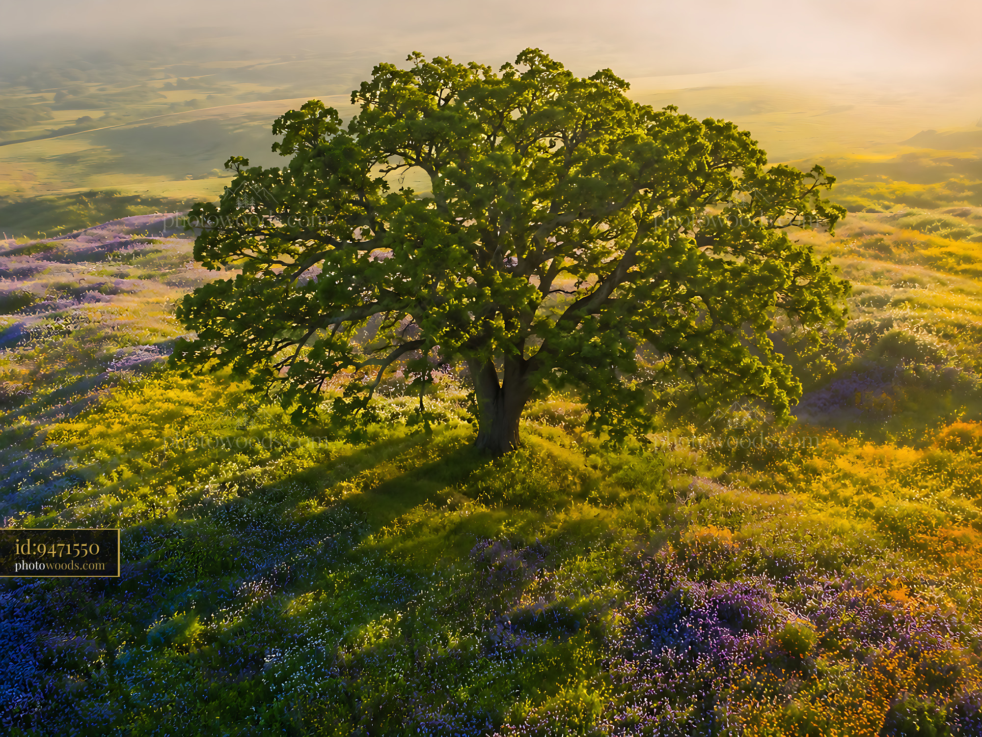 Tree Stands Alone in a Colorful Field During Early Morning Light