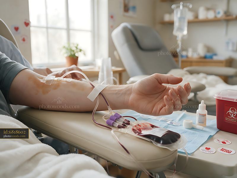 Blood donor reclining in chair during donation