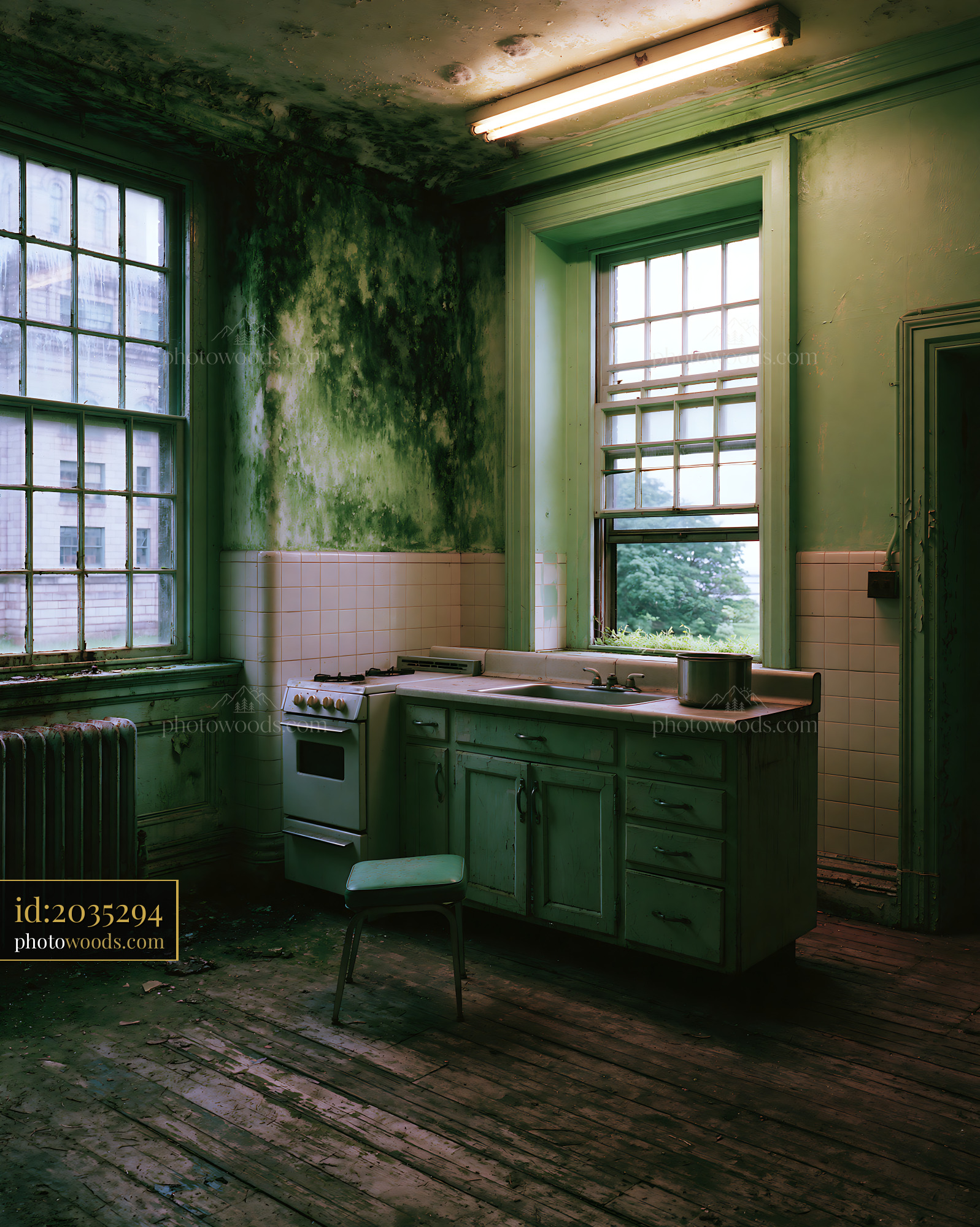 A Kitchen Shows Mold in the Corners and Peeling Paint on the Walls