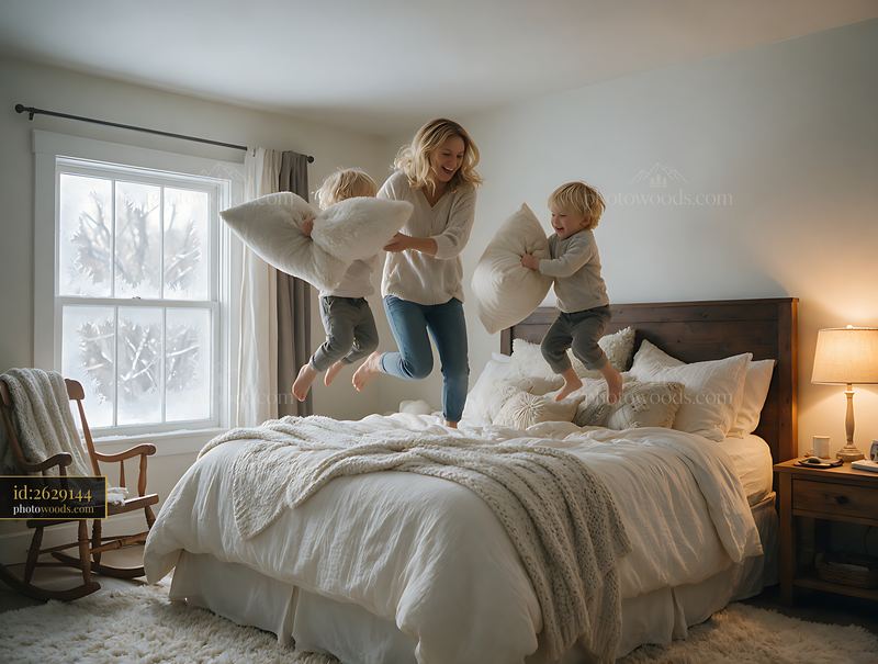 Mother and two blond children jumping on a bed
