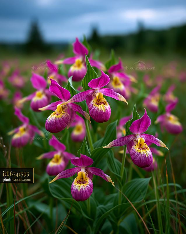 Wild Ladys Slipper Orchids Cypripedium Calceolus in a Meadow