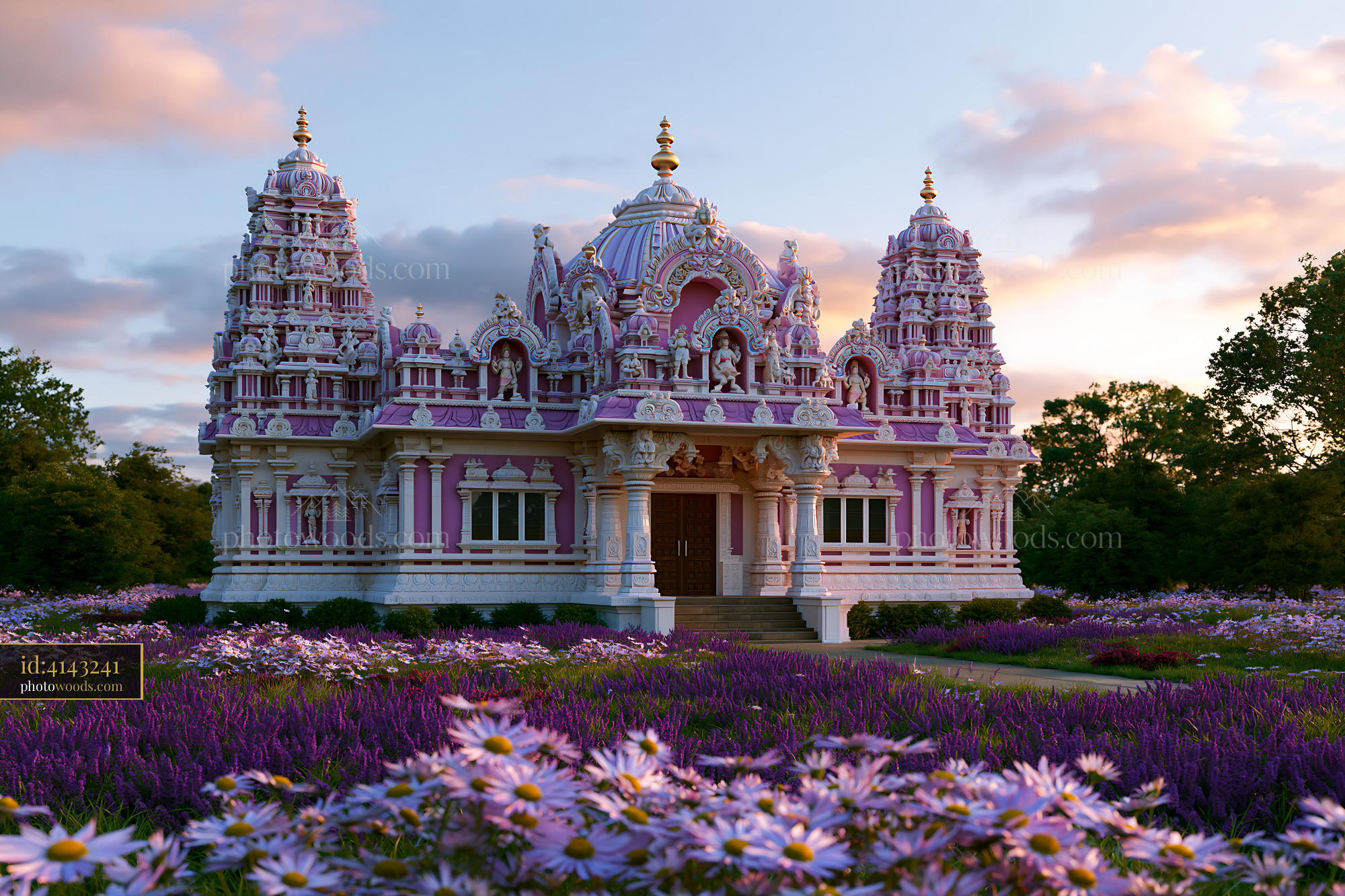 Balaj Temple Surrounded by Purple Flowers at Sunset