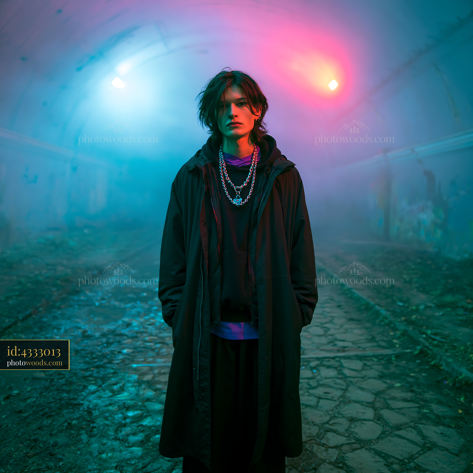 Tall Model in Long Technical Shell Coat in Foggy Urban Setting